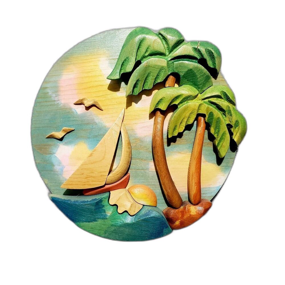 Barbara Sorenson Art Wood Sculpture Plaque Palm Tree Yach Birds 2003 Signed